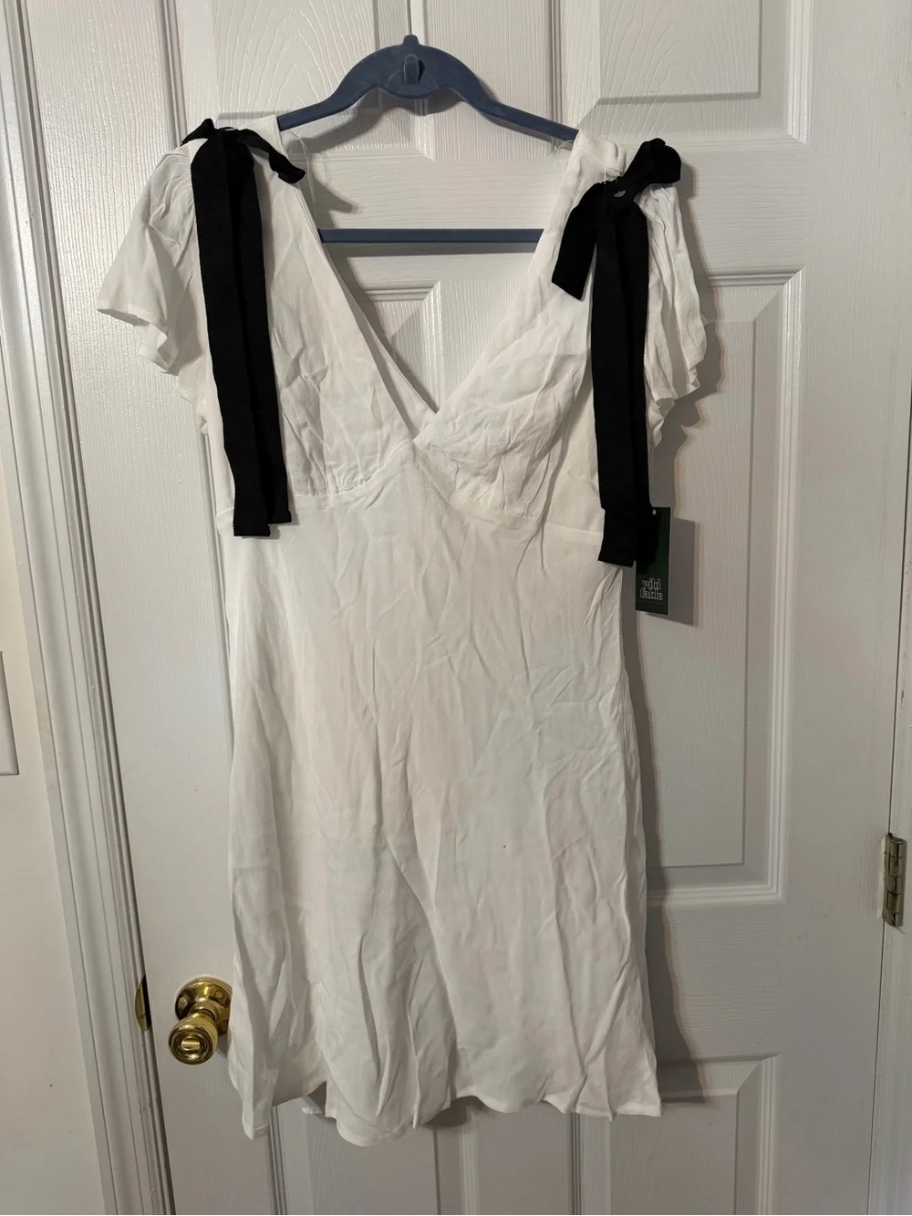 wild fable White Mini Dress with Black Tie-Shoulder Ribbons